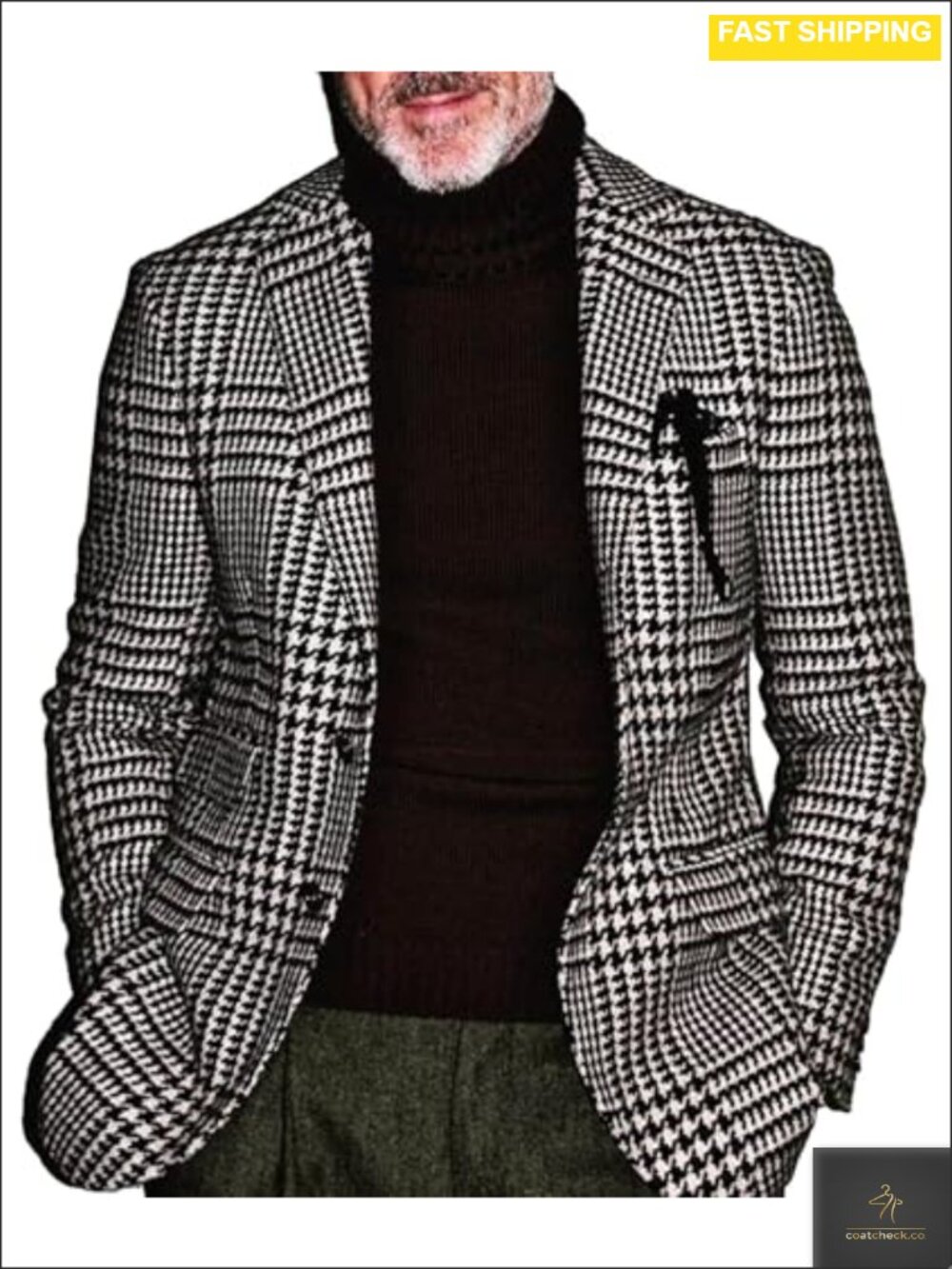 Men's Houndstooth Plaid Blazer Notched Lapel Slim Fit Sport Coat Business